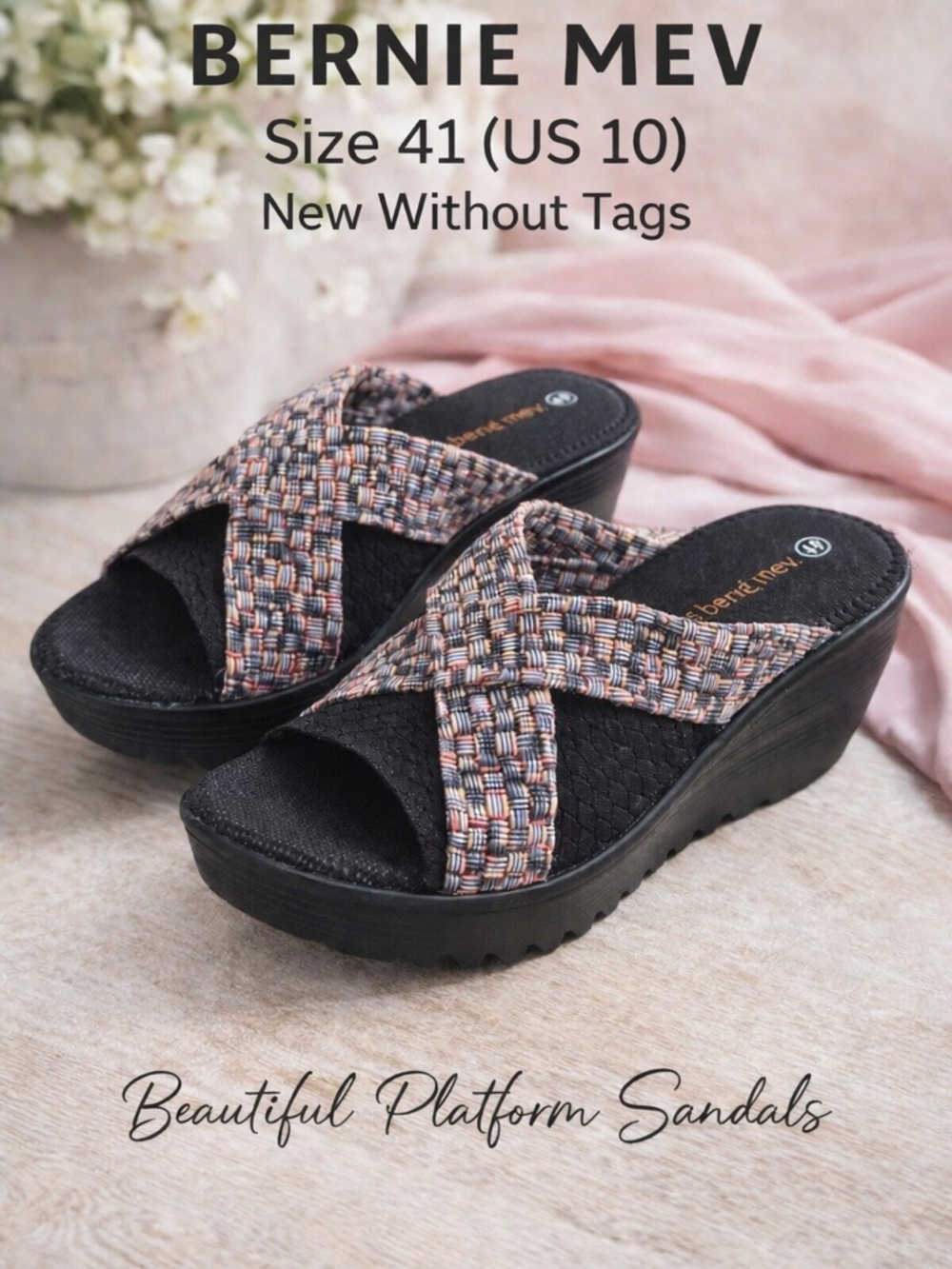bernie mev. Black Platform Sandals with Multicolor Woven Straps